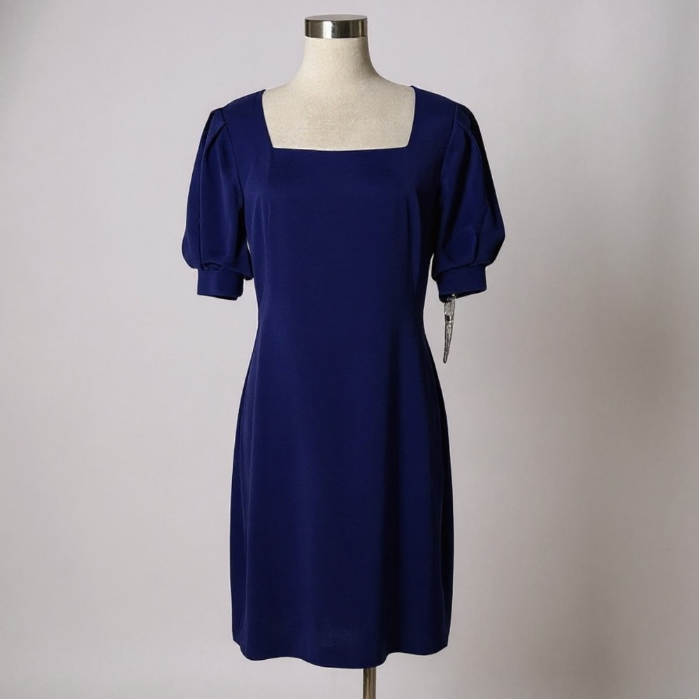 NWT Antonio Melani Lapis Blue Puff Sleeve Square Neck Sheath Dress Size 10 - Picture 2 of 11